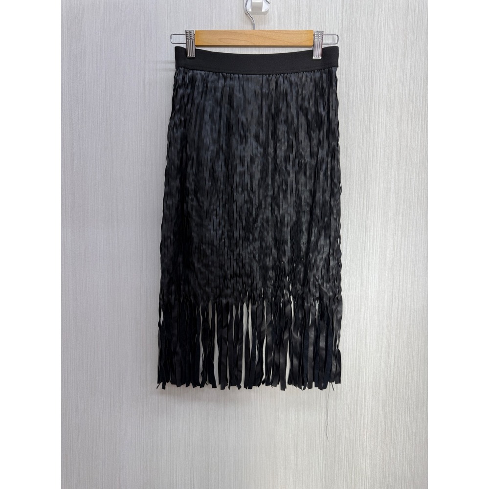 DO+BE Womens Black Faux Leather Fringe Midi Skirt Elastic Waist Size S